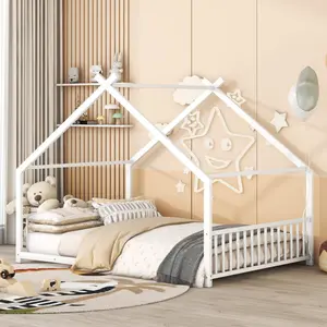 Full Size Bed Frame with Slats, Metal Floor Beds with Roof, House Bed for Bedroom, White