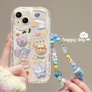Korean 3D Bear Hang Phone Chain Lanyard Clear Soft Phone Case For iPhone 17 Air 16 15 14 Pro Max 11 13 12 Mini Plus Cute Cover Solar Waterproof Power Bank with Compass