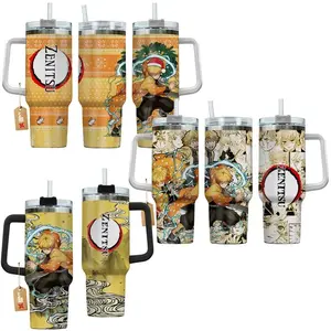 [WDC] Zenitsu Thunder Hashira 40oz Tumbler With Handle Stainless Steel Tumbler, Lightning Sword Anime Gaming Cup, Yellow Electric Iced Coffee Travel Mug, Gift for Otaku, Anime & Gaming Fans