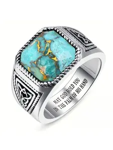 Vintage temperament inlaid imitation turquoise men's ring square cut Celtic pattern men's and women's ring jewelry gift