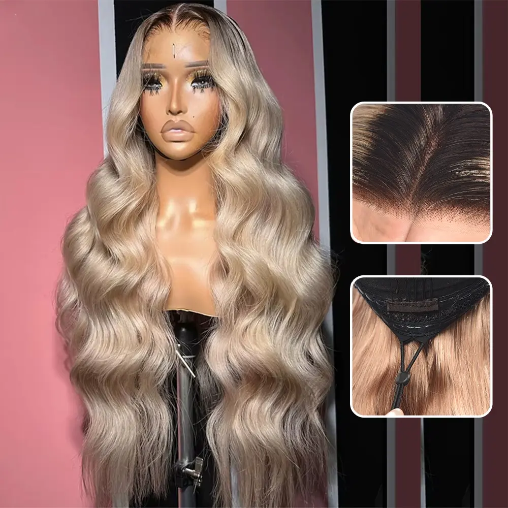 Ash Blonde Drawstring Wig Human Hair 13x6 Transparent Lace Front Wigs Human Hair 180% Density Ash Blonde Body Wave Lace Front Wigs for Women Pre Plucked Brown Roots Ombre Blonde Glueless Straight Human Hair Wig Pre Cut