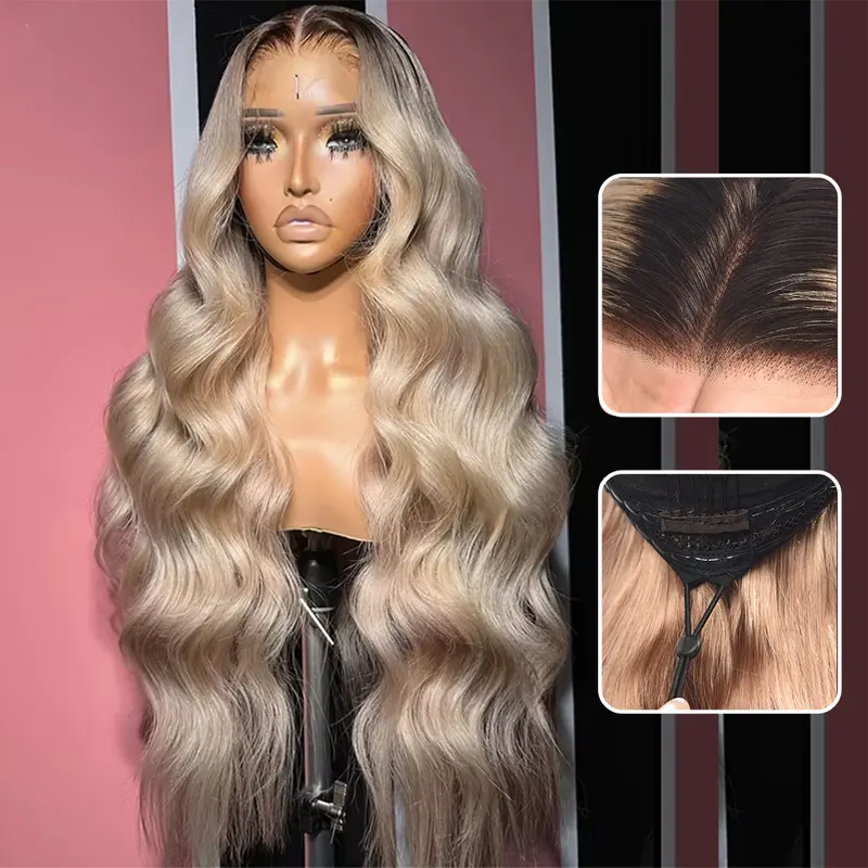 Ash Blonde Drawstring Wig Human Hair 13x6 Transparent Lace Front Wigs Human Hair 180% Density Ash Blonde Body Wave Lace Front Wigs for Women Pre Plucked Brown Roots Ombre Blonde Glueless Straight Human Hair Wig Pre Cut