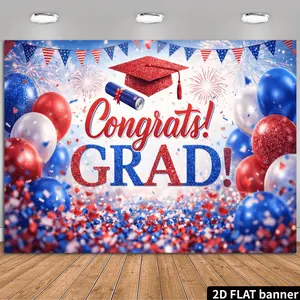 2D Flat Red, White, and Blue "Congrats GRAD" Graduation Backdrop with Balloon and Pennant String Elements, Featuring Fireworks, Graduation Caps, and Scrolls. Made of High-Definition Printed Material, Washable and Durable