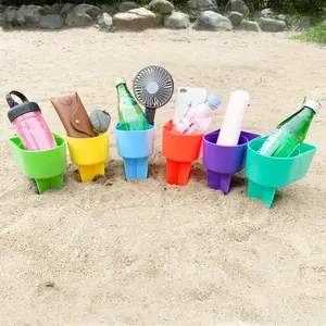 Beach Cup Holder with Pockets, Multi-Functional Beach Cup Rack for Drinks, Phone, Sunglasses, Keys, 3-Piece Set (, Blue)