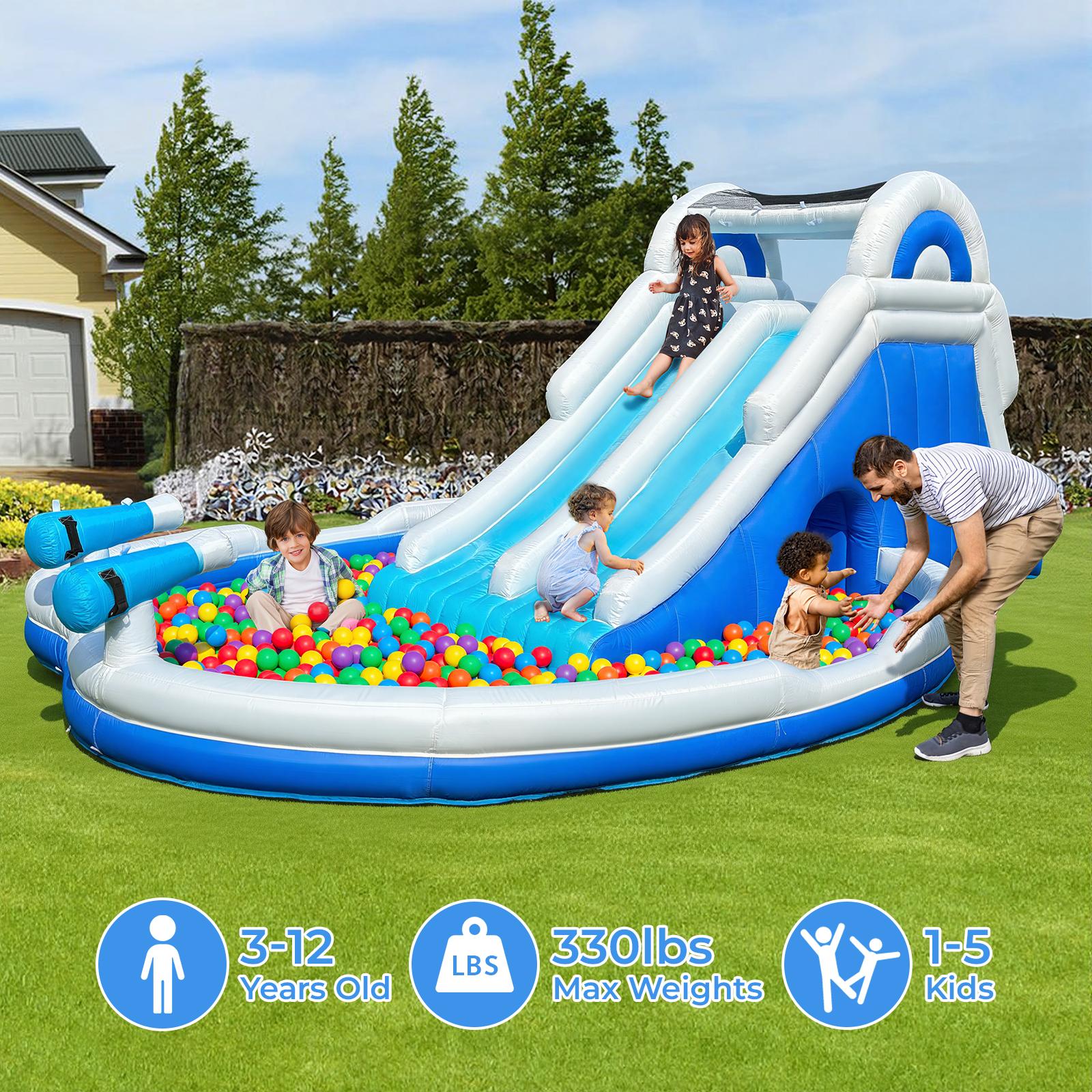 Inflatable Double Water Slide Large Climber Inflatable Water Park for Big Kids 5-10-Huge Splash Pool-Easy to Set Up & Inflate with Air Blower Carrying Case Water Pipe Storage Bag-Bule