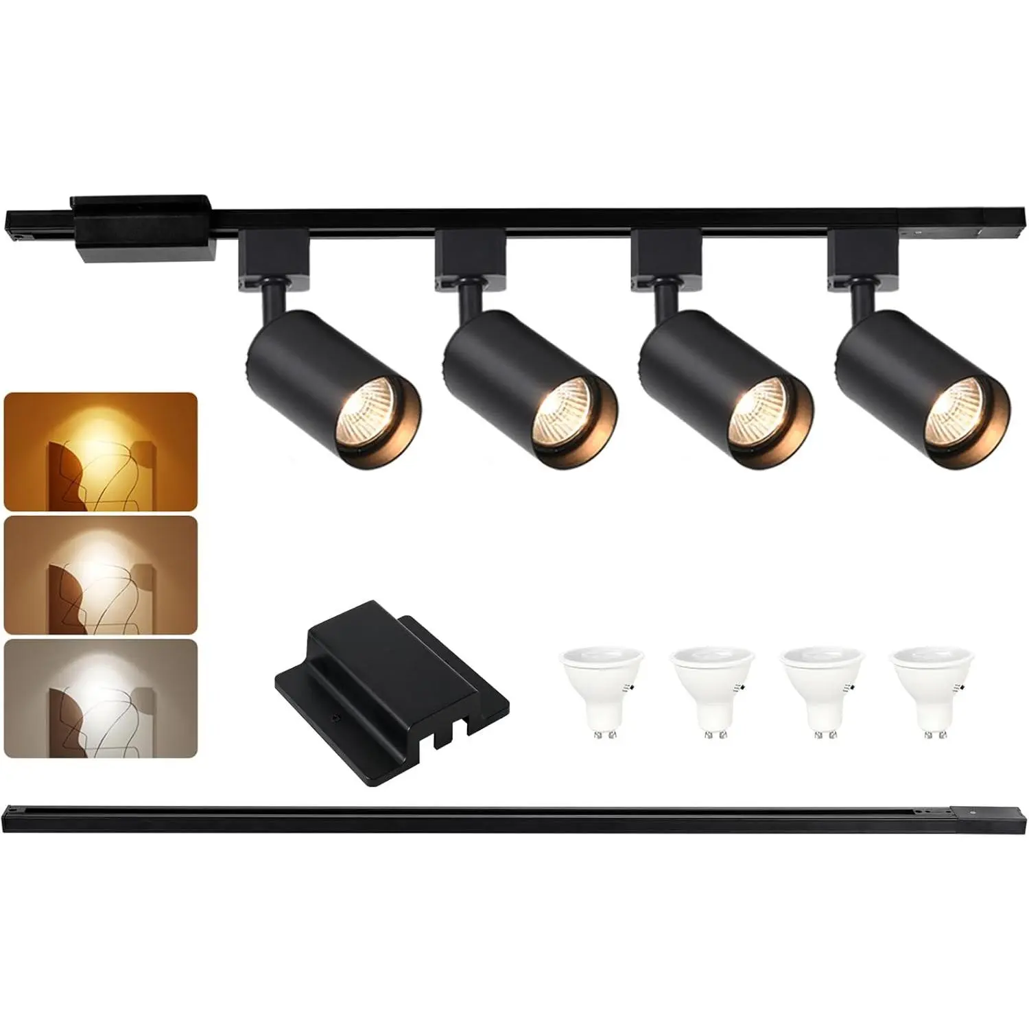 3-Color 4-Light LED Track Lighting Kit with 3.3FT H Track Lighting Rails & Canopy Connector, GU10 Dimmable Track Light Kit, Modern Kitchen Track Lighting Fixtures Ceiling Spot Light, Black