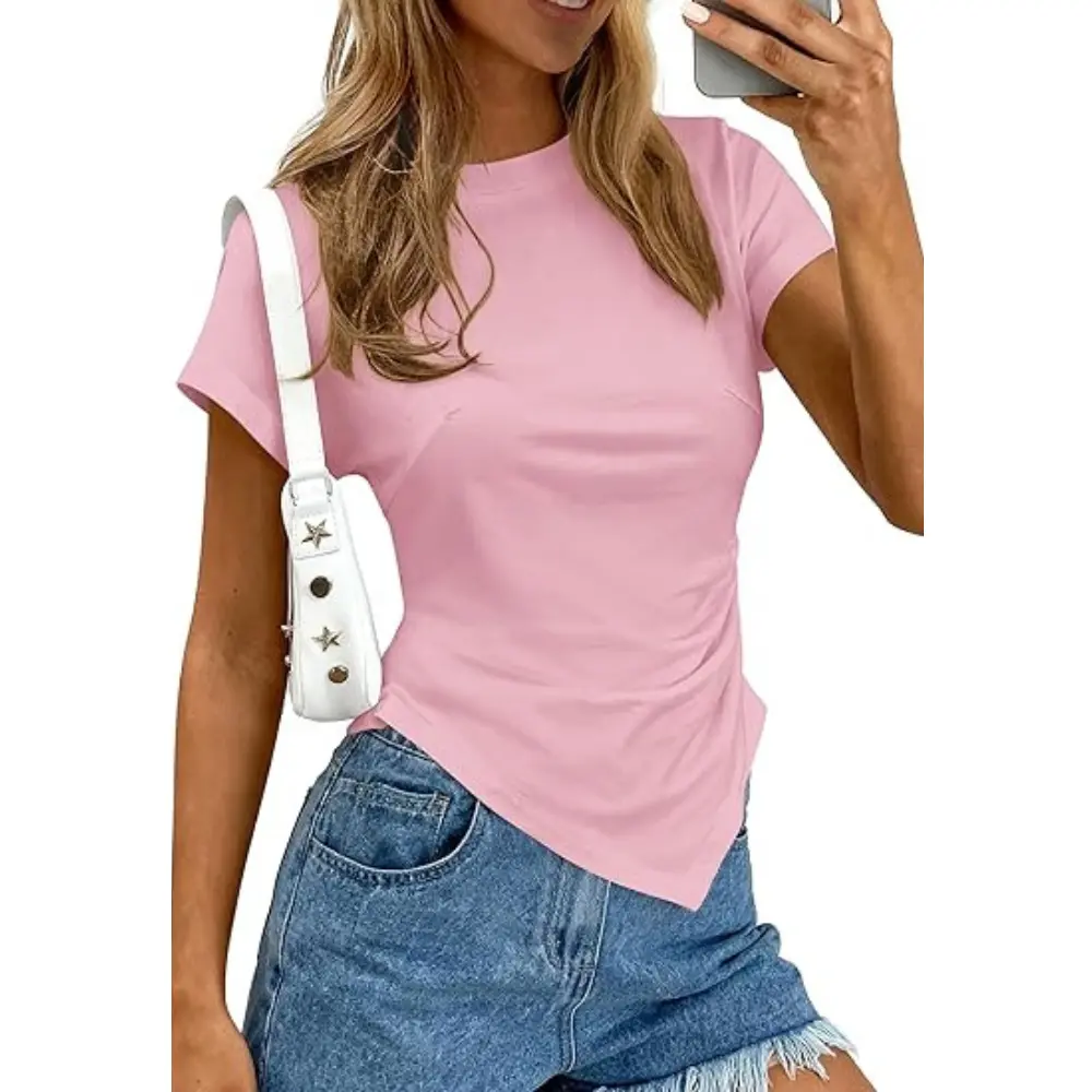 PRETTYGARDEN Womens Asymmetrical Summer Tops Going Out Shirts Spring Y2K Short Sleeve Crew Neck Ruched Trendy Clothes
