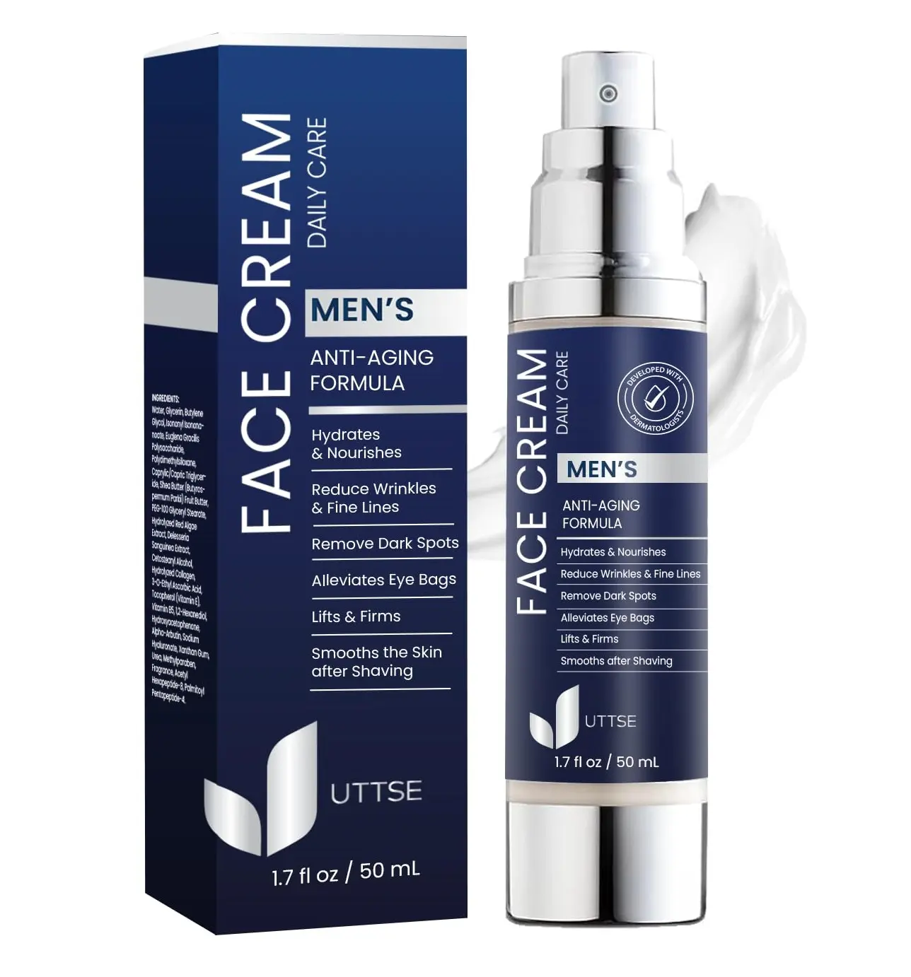 Uttse 6-in-1 Mens Face Moisturizer: Face Cream for Men - Reduce the Look of Eye Bags, Dark Circles, and Puffiness - Skin Care for Men - 1.7 fl oz