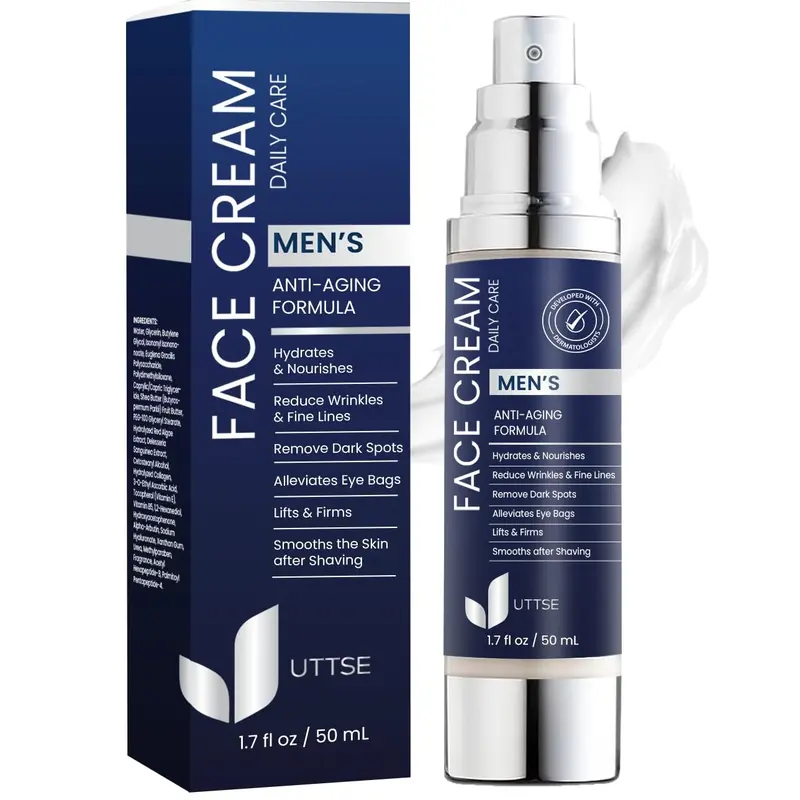 Uttse 6-in-1 Men's Facial Moisturizer Cream - Collagen Boost, Postshave Calm, Reduces Eye Bags, Dark Circles, Puffiness, All Skin Types, Firming, Intensive Nourishment, Hyaluronic Acid, Skin Repair, Moisturizing Anti Aging, Face Care Products