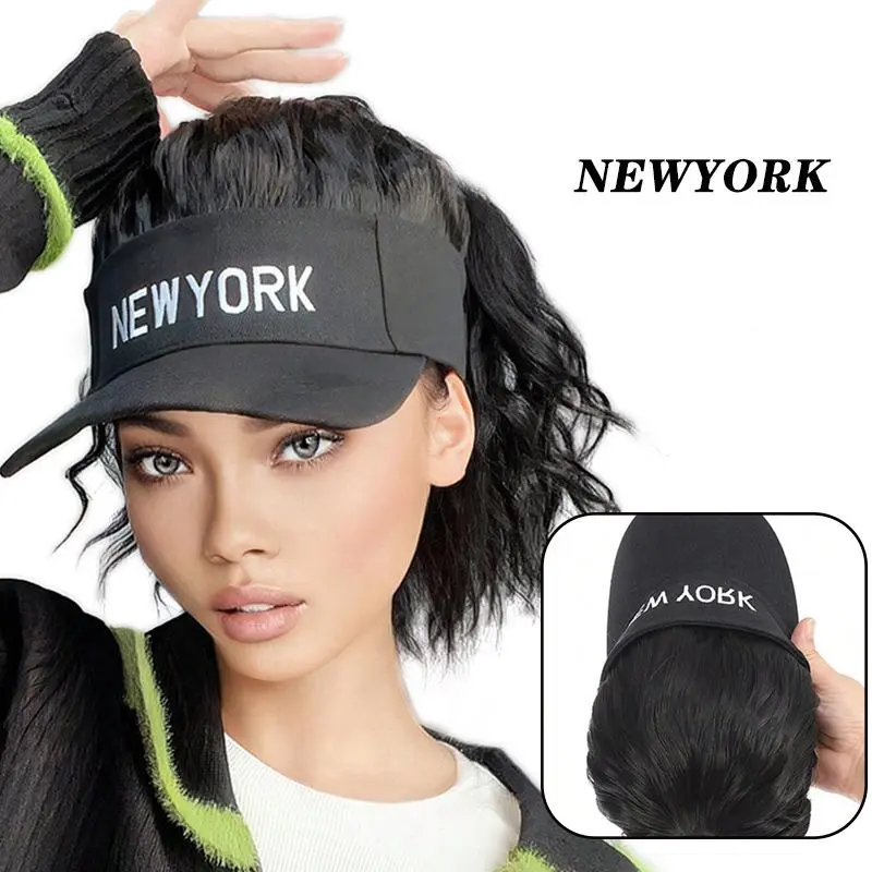 Baseball Cap Hat Wig with 11.8 in Curly Ponytail Top, Unisex Synthetic Soft Hair Extension with NY Lettering for Casual Events, Elegant, Fashionable And Trendy, High-Temp Silk, Heat Resistant, Letters, New York Letter