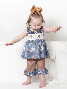 Steel Blue Horse Embroidered Ruffle Outfit