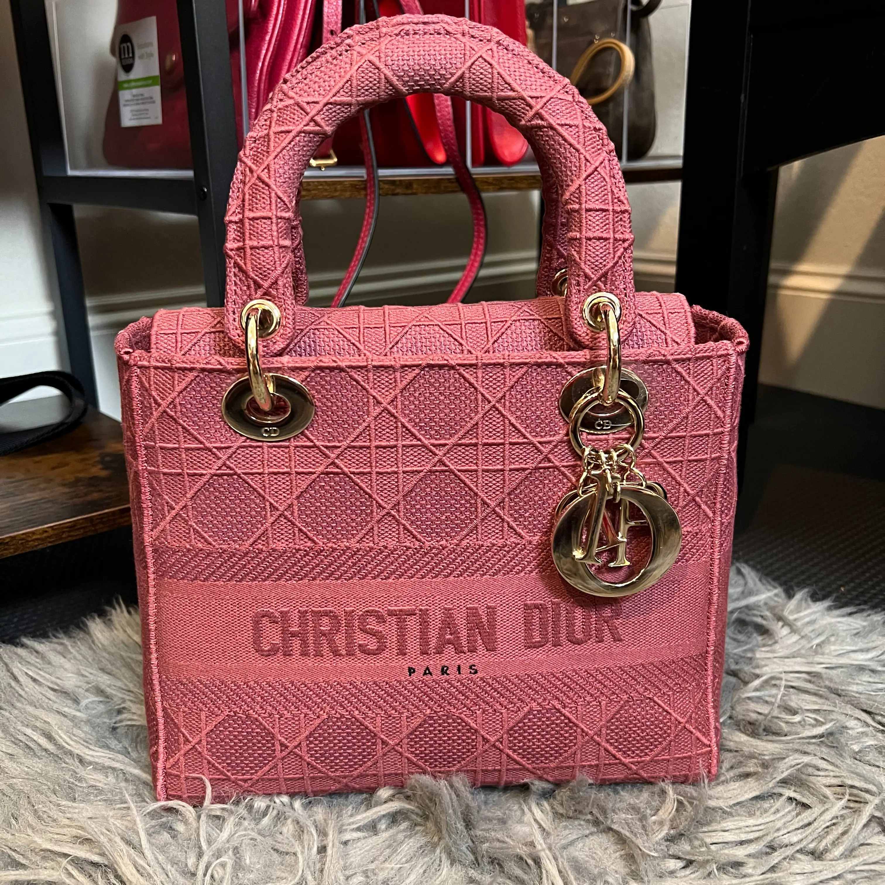 Pre-owned christian dior Canvas Crossbody Bags Medium Cannage Lady D Lite Bag in Pink with Gold Tone Hardware Crossbody Bag