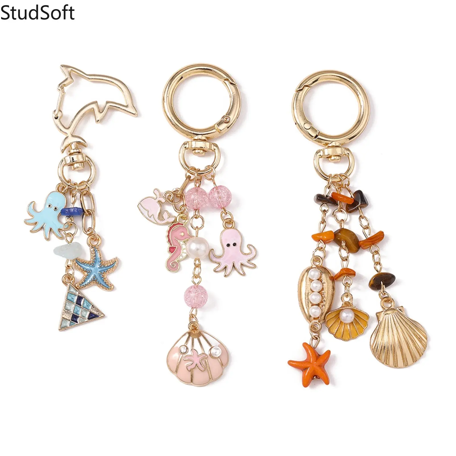 Cute Ocean Theme Fashion Keychain, Multi-Pendant Accessory with Starfish, Shell, Seahorse, and Octopus Charms for Backpacks or Keys, Gift Keychain