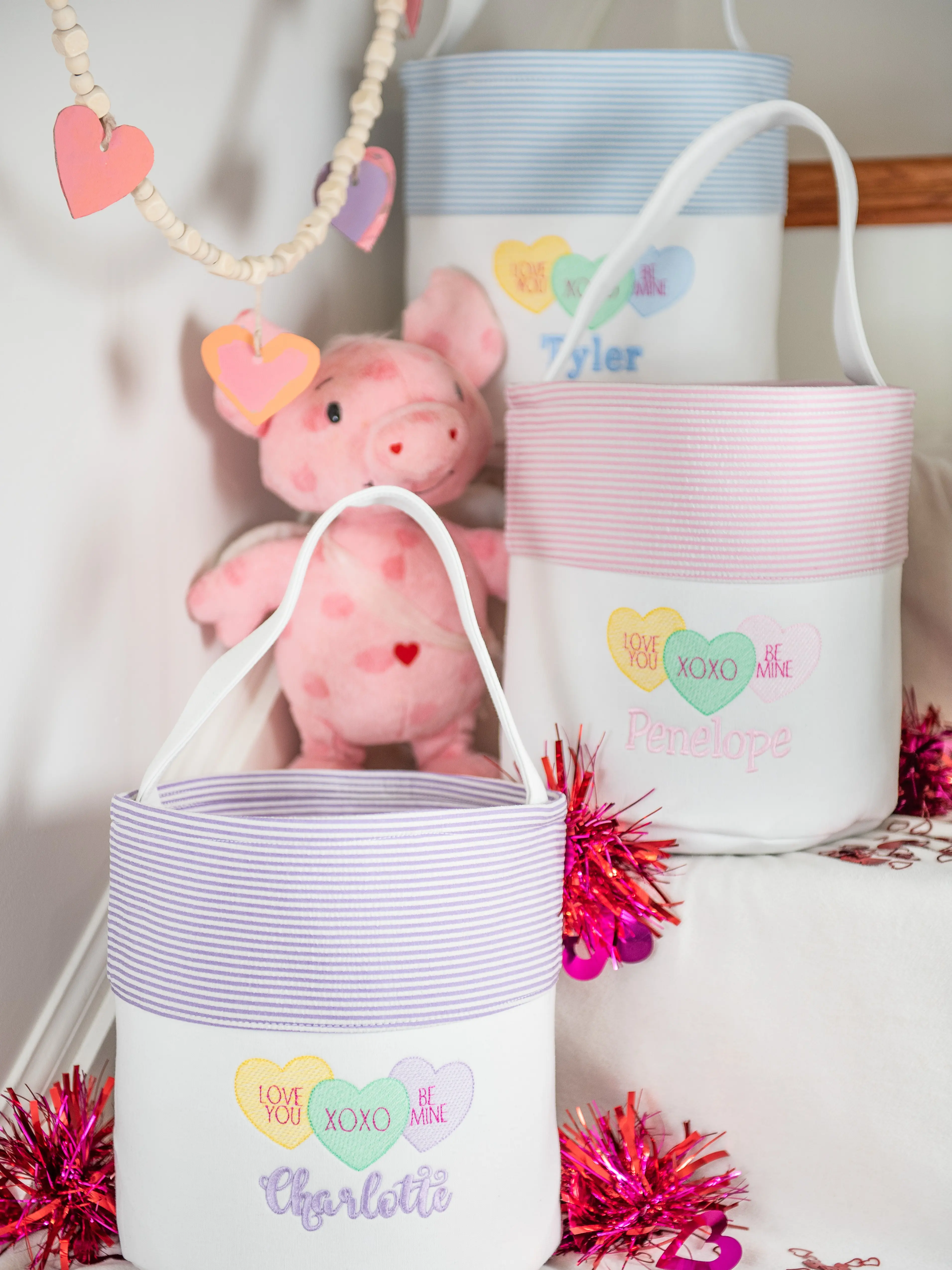 Custom Embroidered Valentines Day Bag - Personalized Seersucker Bucket for Kids, Cotton Canvas & Seersucker Fabric, Perfect for Classroom Parties & Gifts