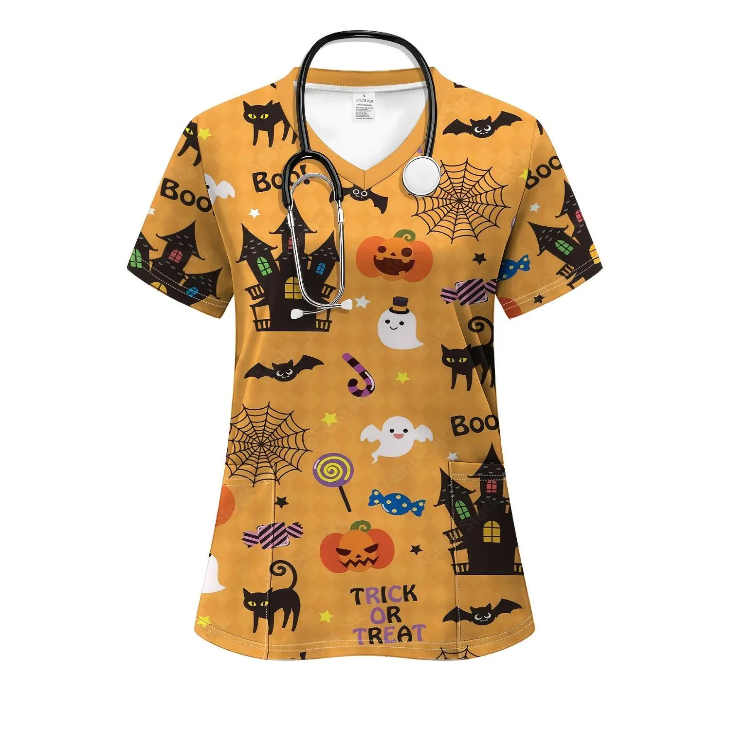Halloween Cute Pumpkin Head Women's Nurse Uniform - Stretch V-Neck Short Sleeve Top with Pocket, Breathable & Machine Washable Professional Workwear
