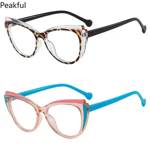 2pcs Ladies Anti Blue Light Glasses Classics Retro Big Cat Eye Eyeglasses Women Simplified Color Blocked Flat Eyewear Frame