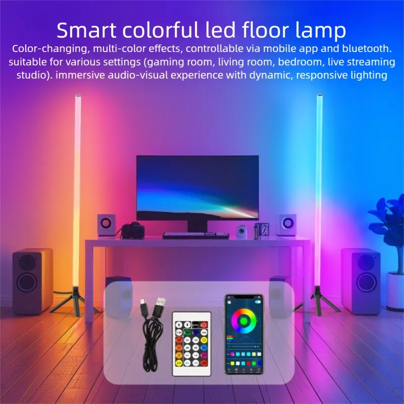 2-Pack RGB Color Changing Floor Lamp, 360° Glowing Gaming Ambiance Light, Bluetooth-compatible APP Smart Control Wall Corner LED Light, Scene Atmosphere Lights, Adjustable Indoor Lighting, Dynamic Light
