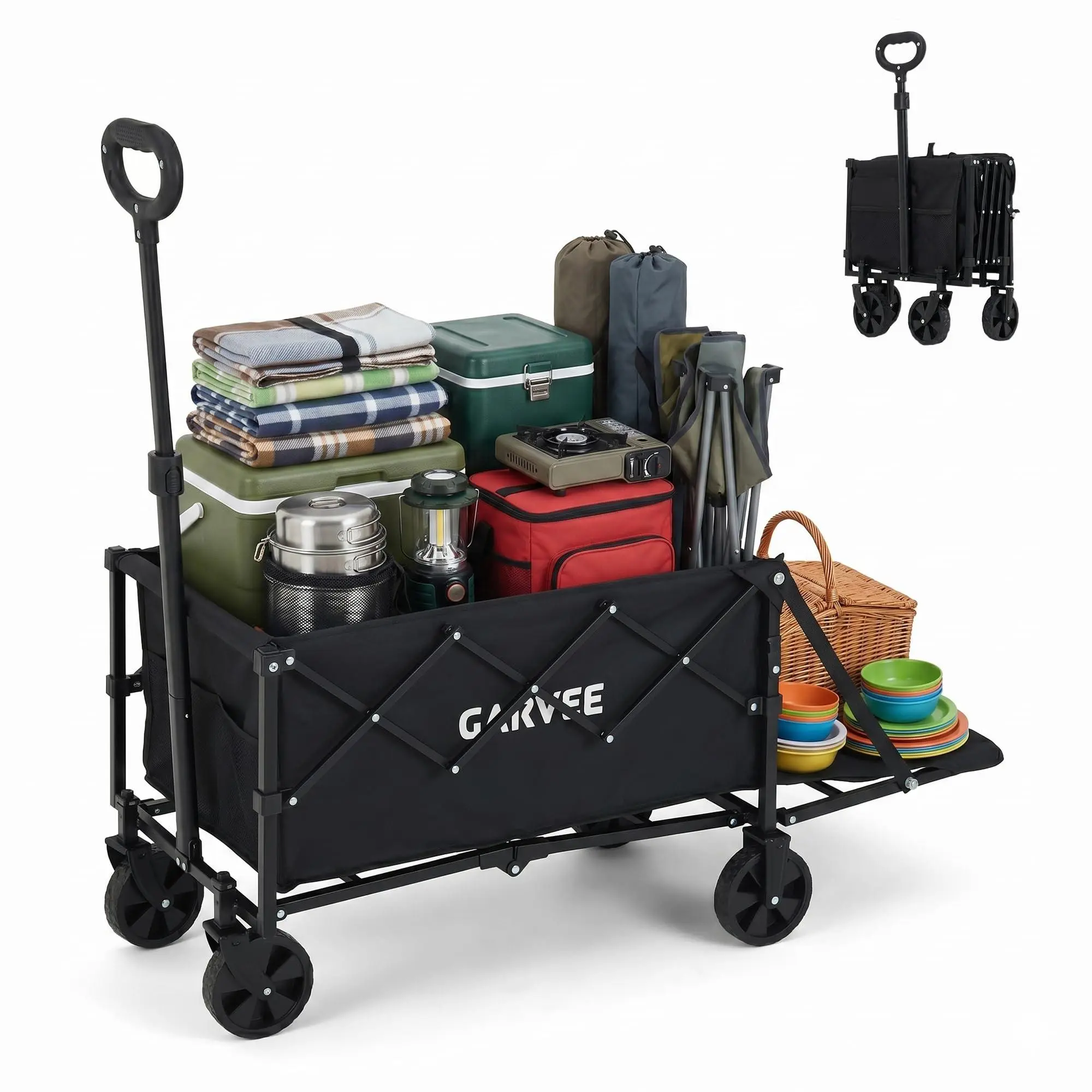 GAOMON Heavy-Duty Collapsible Wagon Cart, 220lb Max Load, 120L Expandable Storage, Double Bearing Flexible Steering, 2 Cup Holders for Garden, Camping