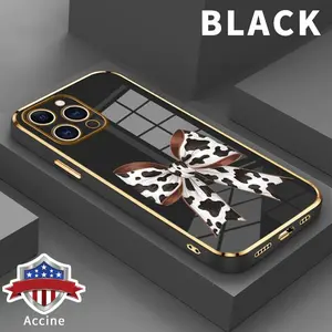 Electroplating Phone Case for iPhone 16 15 14 Pro Max 13 12 11 XR XS Plus Trendy Cow Print Bow Pattern Classic Square Design Non Slip TPU Soft Shell for