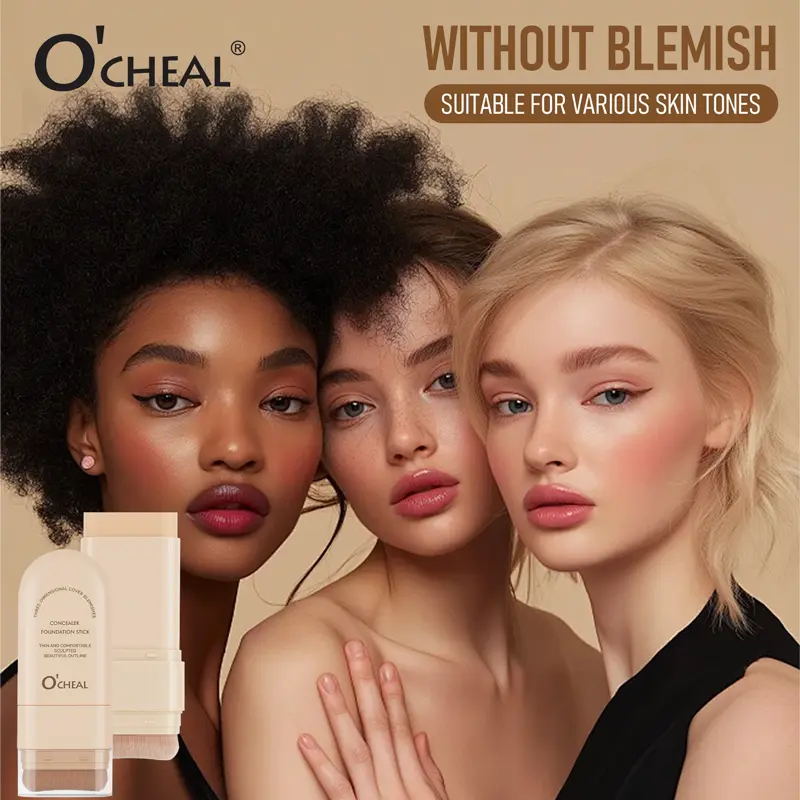 O’CHEAL 2-in-1 Concealer Foundation Stick with Built-In Brush, Buildable Coverage Cream Makeup, Lightweight Hydrating Base, 8 Shades, 20g