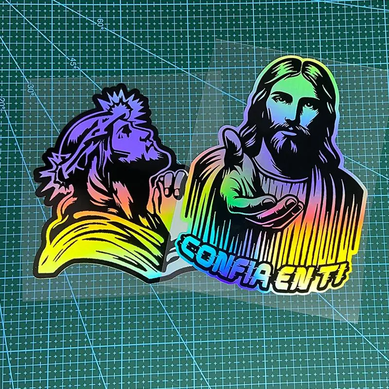 Jesus Pattern Car Sticker, Reflective Laser Jesus Car Sticker, Religious Theme Waterproof Decals, Vehicle Exterior Decoration, Cross Decal for Auto Windows, Trunk, Rear Windshield, Motorcycle Front Windshield, Truck Stickers, Automotive Decals