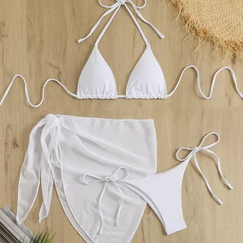 Three-Piece Plain Bikini Set, Solid Color Backless Swimsuit, Women's Summer Swimwear, Halter Swim Bra & Tie Side Swim Panty & Asymmetric Hem Cover-Up Skirt, Elegant Beachwear, Swimsuit Sets