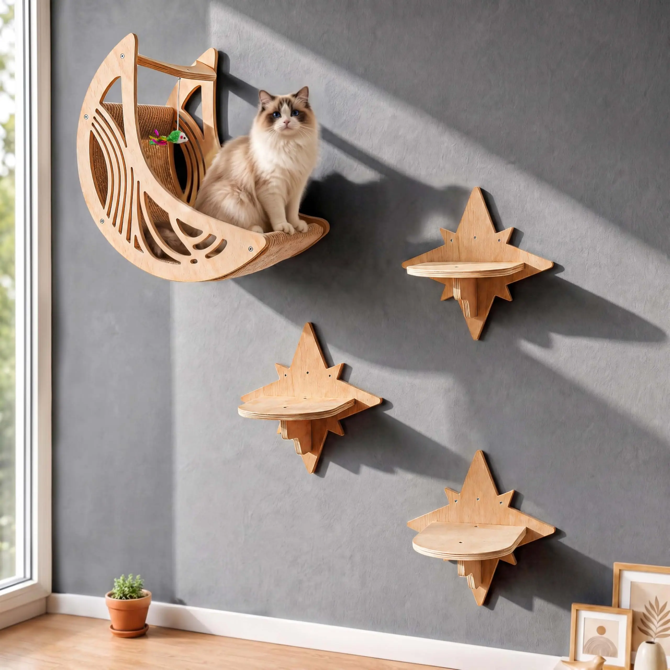 Moon & Star Cat Wall Shelves, Modern Wooden Cat Furniture with Decorative Cutouts, Space-Saving Cat Climbing System & Floating Perch for Indoor Cats