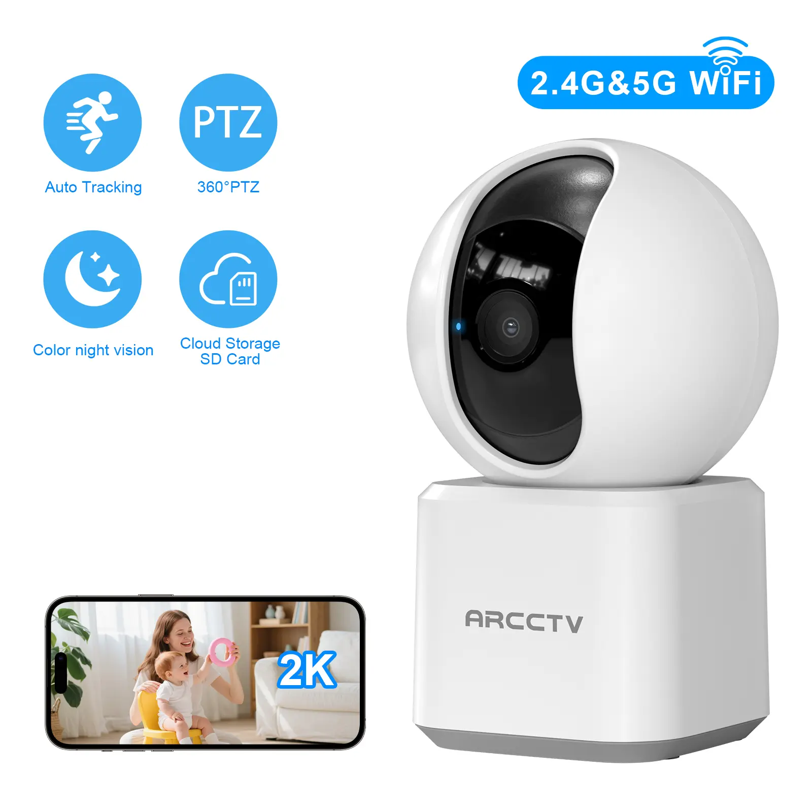 ARCCTV APP Indoor Pan/Tilt Security Camera for Home Security, 5G&2.4GHz Pet Camera,Motion Tracking,2-Way Audio,Night Vision,Cloud & SD Card Storage