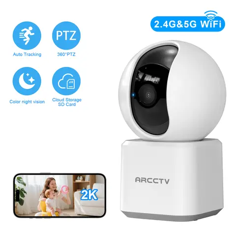 Indoor PTZ Wi-Fi Security Camera - ARCCTV APP Compatible, 5G&2.4GHz, Motion Sensor, Motion Tracking, 2-Way Audio, Night Vision, Cloud&Micro SD Card Storage, Wall Mount, Portable, Smart Home Gadget Trend, Manufacturer Warranty