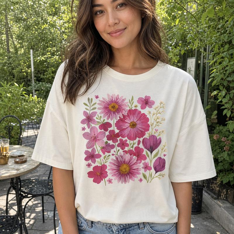 Pink Botanical Floral Women's 100% Cotton Graphic Tee Plus Size Cottagecore T-Shirt