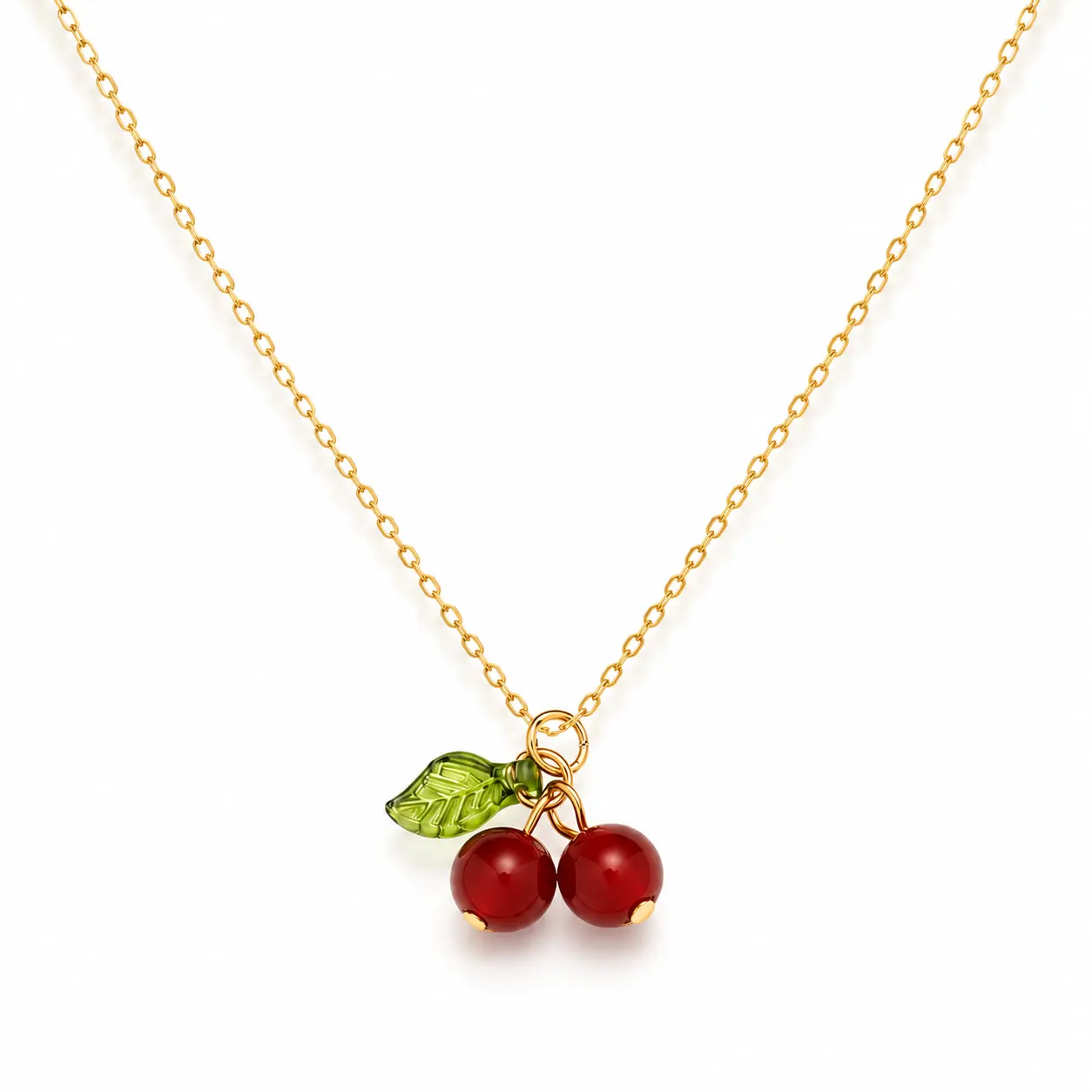 Stainless Steel  Cherry & Green Leaf Pendant Necklace, Cute & Sweet Design For Everyday Wear, Women Jewelry