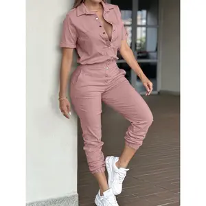 Good Ladies' Casual V-Pocket Jumpsuit with Button Closure and Cuffed Ankle Pants