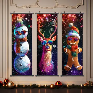 3 Count Christmas Banner Art Posters, Trendy Colorful Holiday Characters, Waterproof Wall Decor, Home Decoration, Gift Box Included
