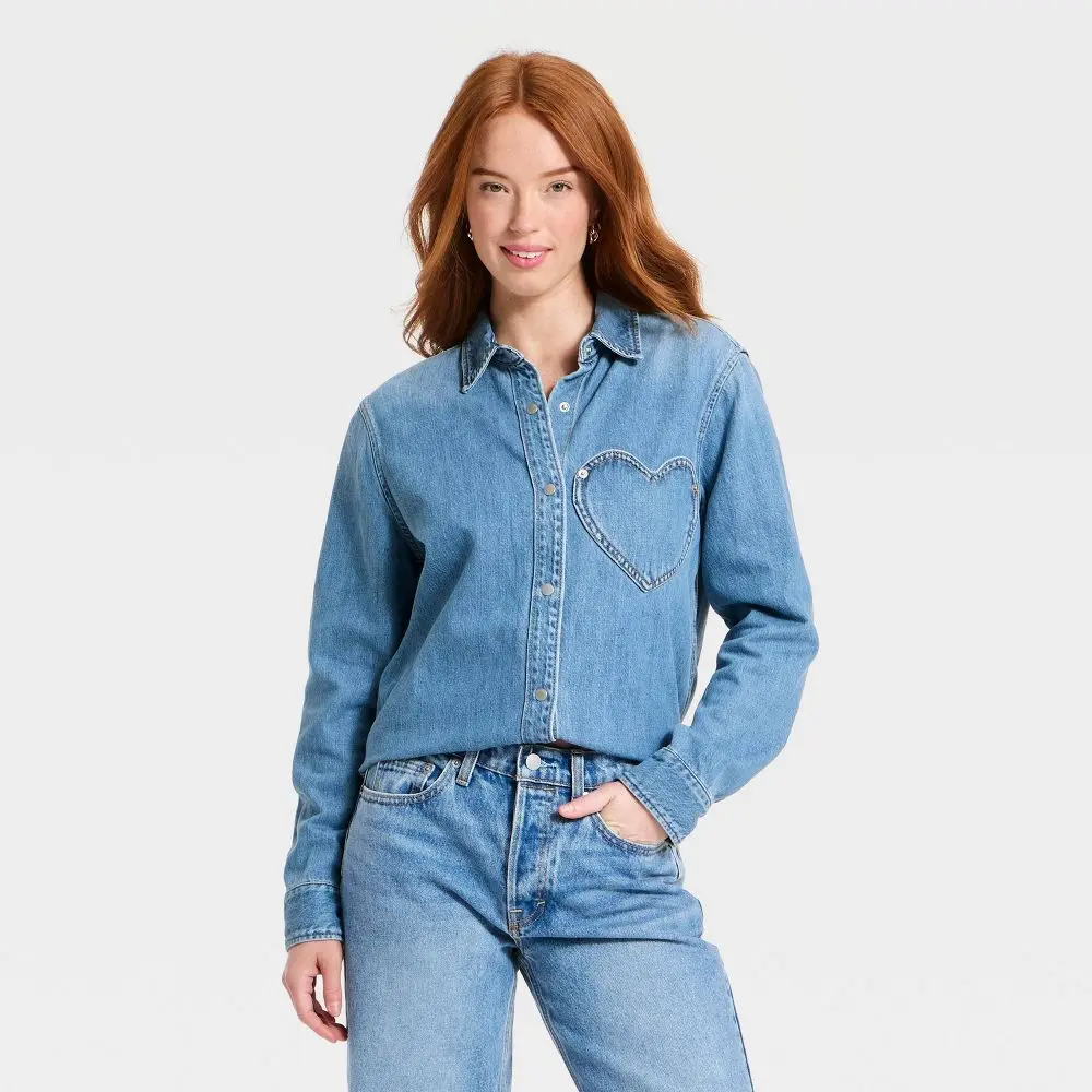 Women's Valentine's Day Relaxed Heart Pocket Denim Shirt - Universal Thread Vintage Medium Wash XS