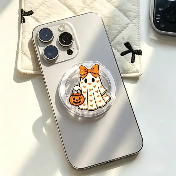 Orange Bow Pattern Ghost MagSafe Phone Grip, Cute Coquette Spirit with Pumpkin & Bows PopSocket, Aesthetic Spooky Fall Accessory, Halloween Girly Gift