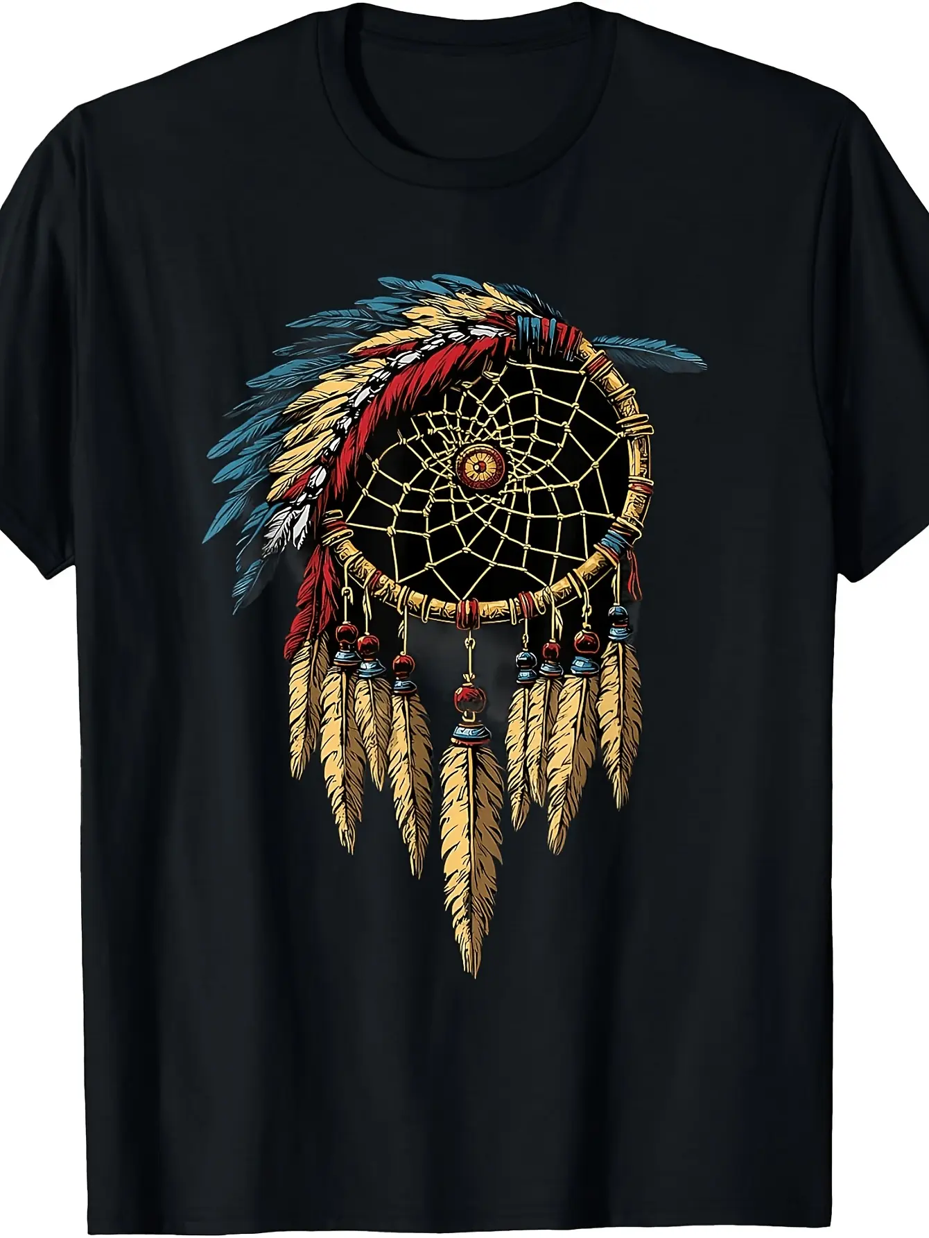 Native American Indian Chief T-Shirt - Retro Dream Catcher & Tribal Round Neck Casual Shirt Suitable for Themed Events Festivals Casual Attire - Machine Washable Apparel with Cultural Print