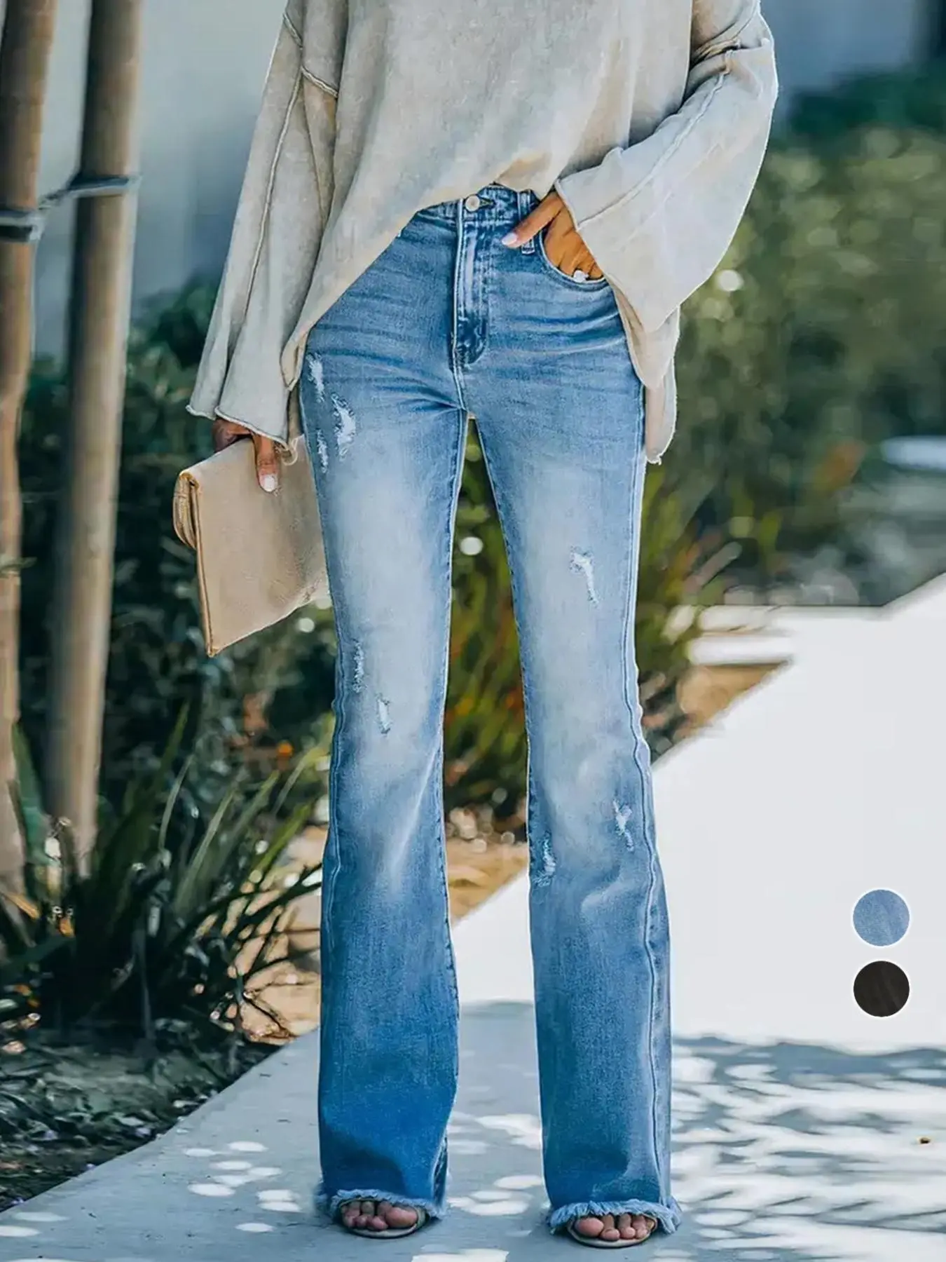 Women's Vintage Flap Pocket Design High Waisted Ripped Distressed Jeans, Casual Comfy Denim Pants for Daily Wear, Ladies Bottoms for All Seasons Distressed Ripped Knee