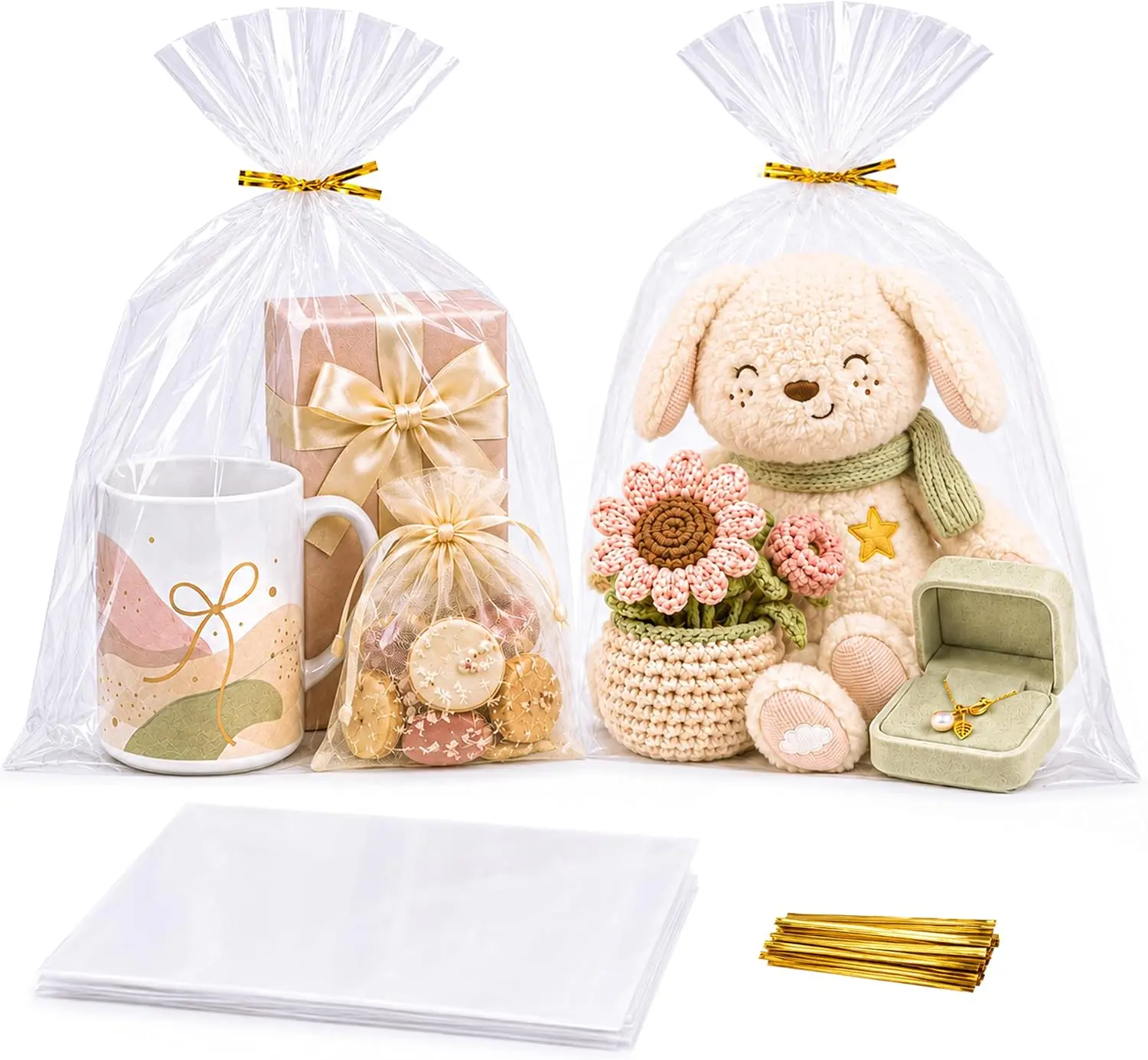 Joyclub Clear Cellophane Gift Bags 100 Pack 10 x 14 in Treat Bags with Ties | Food-safe clear gift bags for wrapped treats, mugs, favors, crafts, parties, holidays and small-business orders
