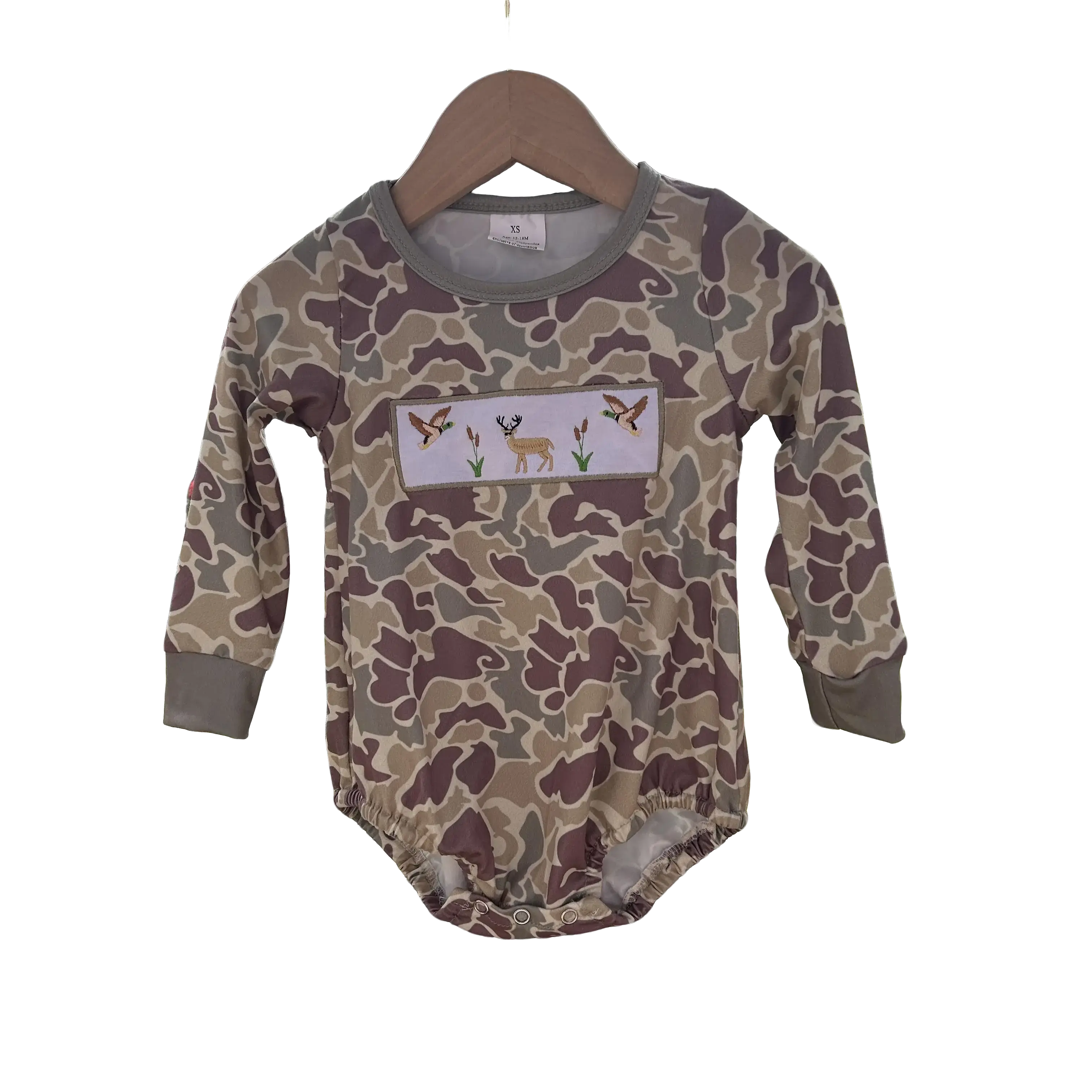LR0714-Hunting Embroidery Mallard Duck Long Sleeve Baby Romper Camo Style Toddler Clothing
