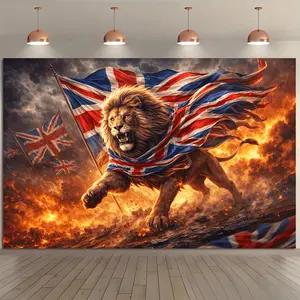 Flat British Flag Lion Background Cloth, Fire-Rushing Lion Shape, Wearing a Union Jack Cloak, with Multiple British Flags And Flame Battlefield Elements, Polyester Material, No Power Supply, Suitable for Indoor And Outdoor Event Support