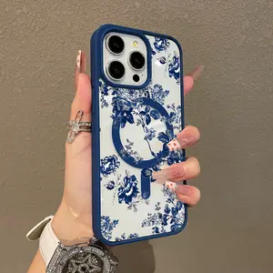 Adorable Magnetic Case for iPhone11/12/13/14/15/16/17/promax Navy Floral Chinoiserie Pattern MagSafe Compatible, Lightweight, Anti-Fall | Girly & Chic Style