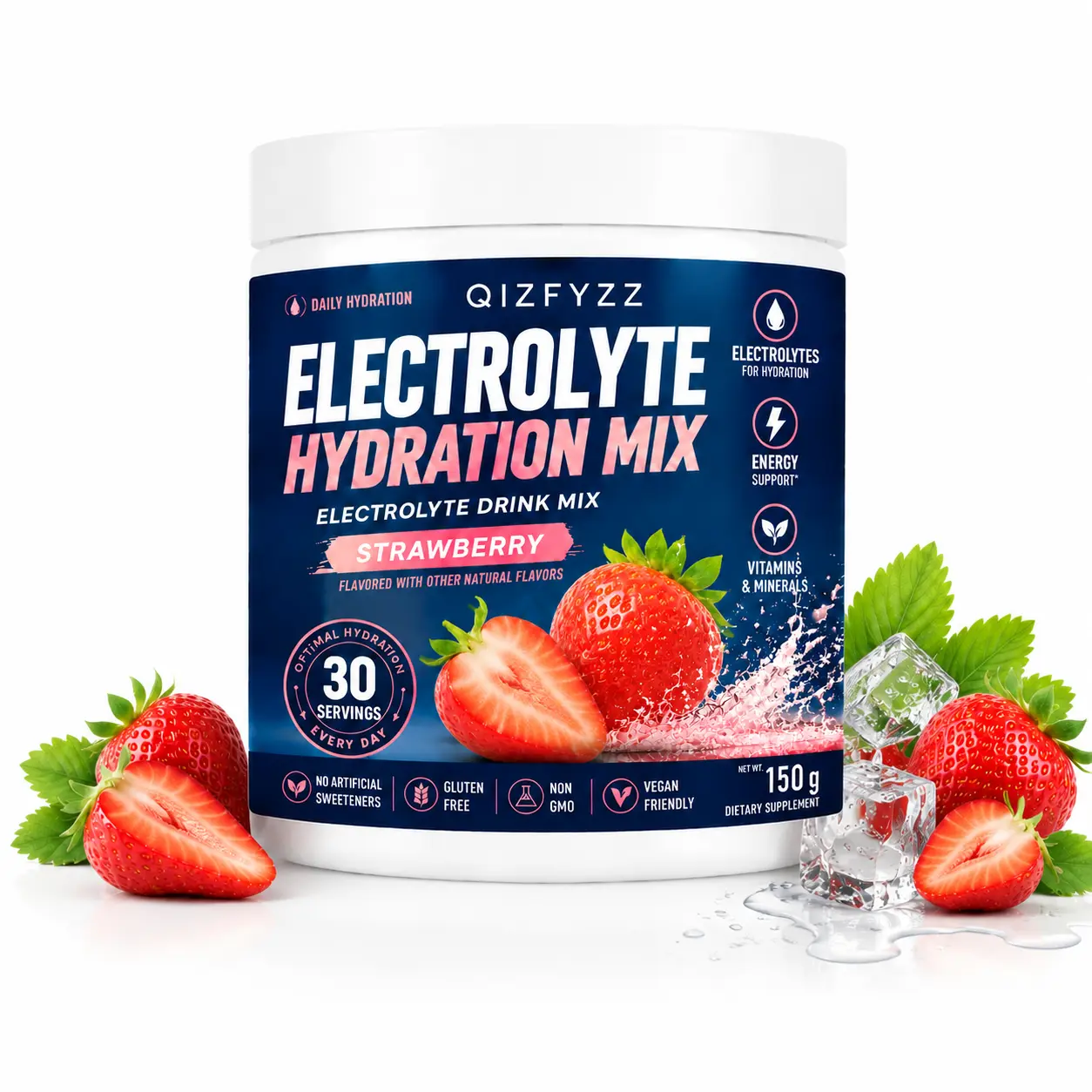 Electrolyte Hydration Powder Strawberry Flavor, Drink Mix with Vitamins & Minerals, Daily Hydration Support, Zero Sugar, Vegan Friendly, 30 Servings