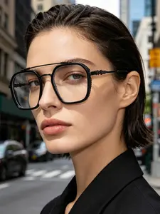 Vintage Square Frame Glasses with Dual Bridge, Fashionable Eyewear Case, Perfect for Street Photography, Travel, Office Use