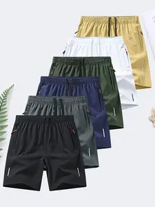 6-piece set, men's zipper pocket shorts, summer ice silk beach shorts, ice-sense quick-dry sports casual pants, basketball shorts thin, plus-size men's clothing reflective strip design,  Menswear，Plain Trouser，suitable for running and fitness. Beige