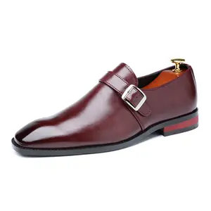 Men's Burgundy Buckle Loafers - Formal Casual Footwear for Wedding Party