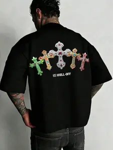 Cross Print T-Shirt, Casual Loose-Fit Long Sleeve Top, Plain Surface Design, All-Season Wear, Ideal for Retro Hip-Hop Style