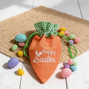 3pcs Happy Easter Carrot Shaped Easter Favor Bag Burlap Goody Pouch for Kids Easter Basket Filler Candy Treat Holder Party Gifts