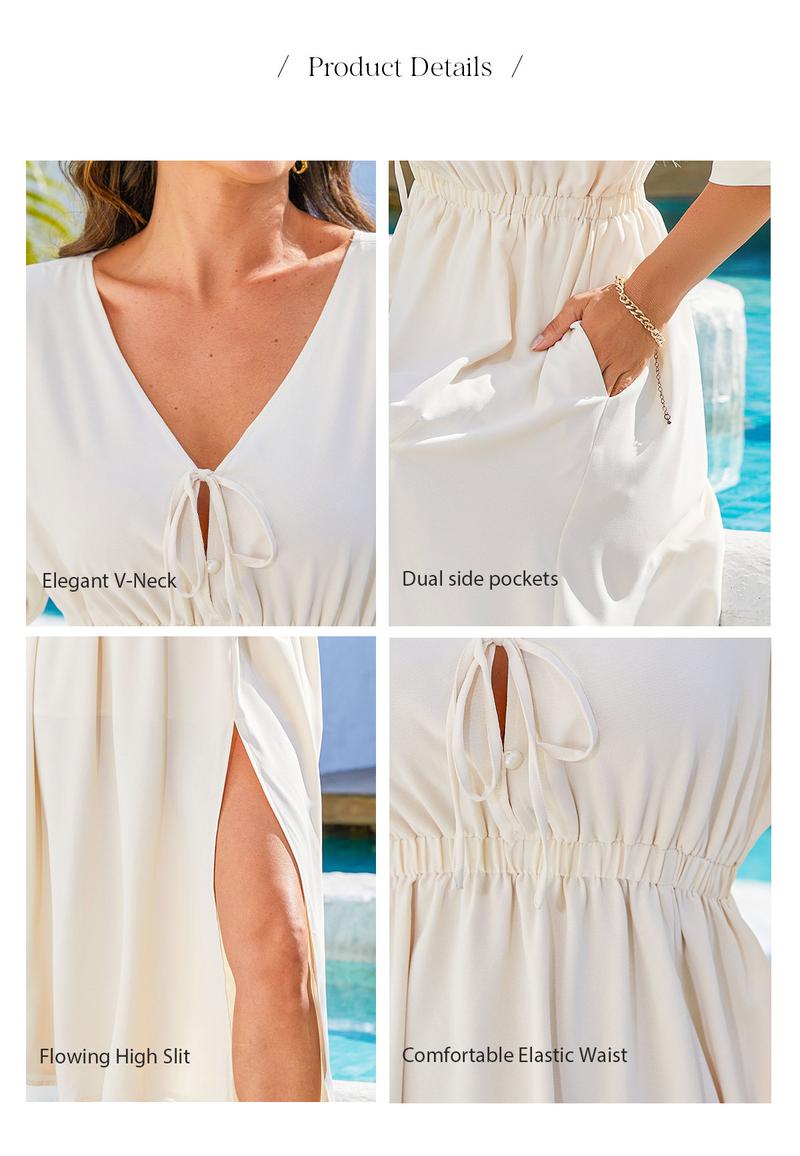 Chicovar Women's Boho V Neck Short Sleeve Maxi Dress with Pockets, Tie Front Button, Elastic Waist Batwing Sleeve Slit Dress for Beach Vacation, Casual Wear, Party & Date, Valentine’s Day