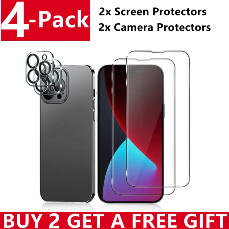 2Pcs Tempered Glass Screen Protector+2Pcs Camera Lens Protectors for iPhone 16 Pro Max Plus 15 14 13 12 11, 9H HD Tempered Glass Film, Anti-Scratch