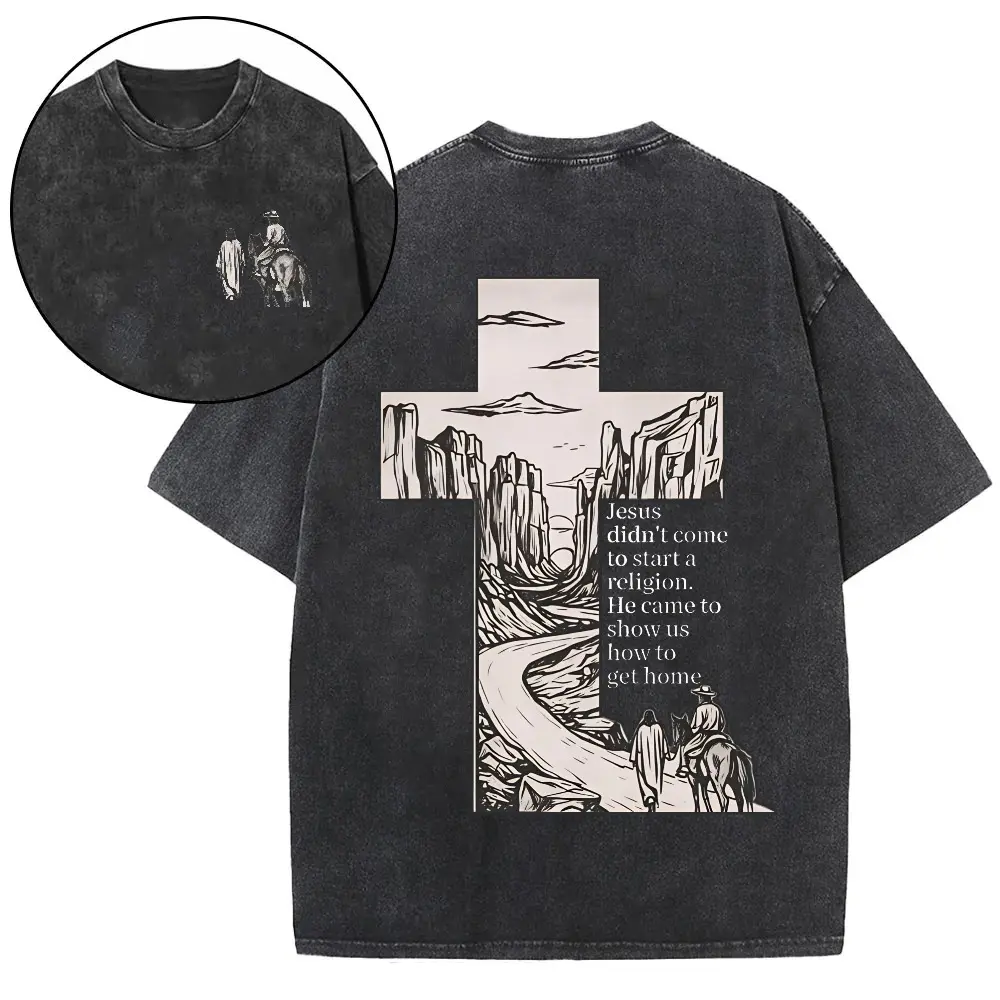 Washable Unisex T-shirt "Jesus Didn't Come to Start a Religion Cross Western" Washed Black Oversized T-Shirt - Christian Cowboy Tee Vintage Washed "Western Cross Jesus Quote" Graphic Tee - Faith-Based Streetwear